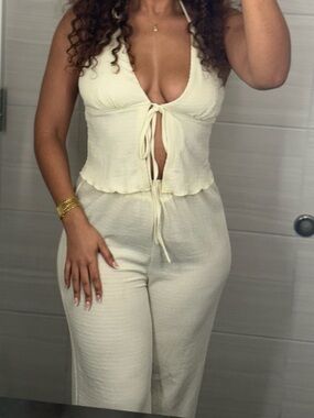 SHEIN Cream Halter Tie-Front Jumpsuit